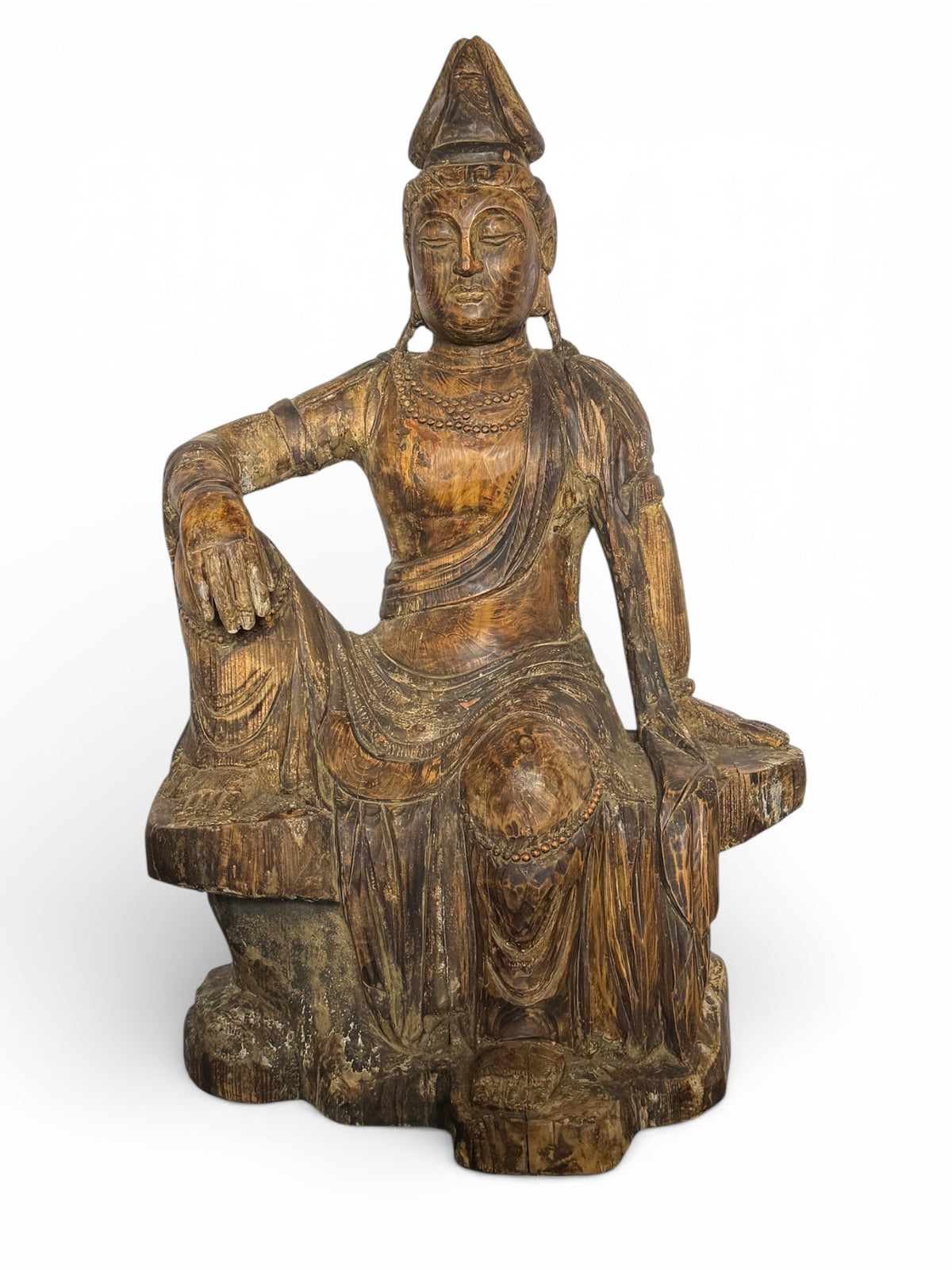 Temple bodhisattva statue, serene expression & downcast eyes, royal ease pose. Scented fir, gesso, pigment. C1780-1840. Central China. H1020 x w650 x d430 mm 