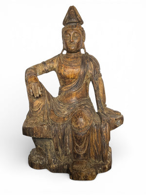 Temple bodhisattva statue, serene expression & downcast eyes, royal ease pose. Scented fir, gesso, pigment. C1780-1840. Central China. H1020 x w650 x d430 mm 