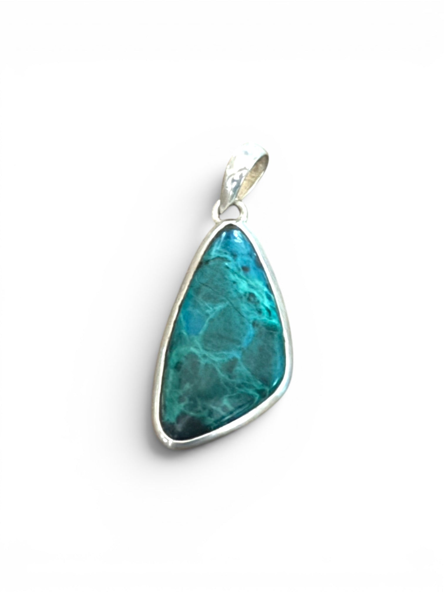 Blue green chrysocolla pendant set off by a sterling silver bezel and bail. Height 5 cm, 2.1 cm at widest point