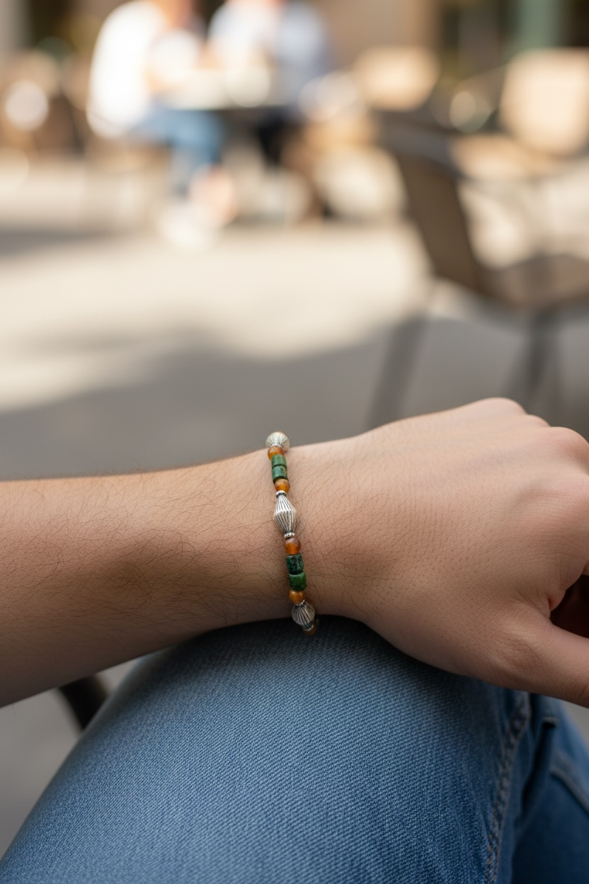 Chrysocolla, vintage Indian silver and buffalo horn beads. Strung on sturdy elastic cord for a seamless look. Unisex bracelet, length 18.4 cm, size 17cm.