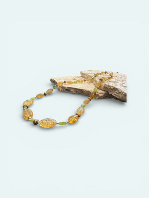 Stunning natural bead necklace of graduated, etched golden citrine, peridot & jasper beads, highlighted with handmade sterling silver beads and clasp. Length 54.7 cm.