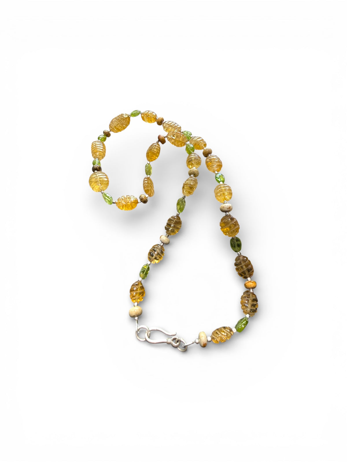 Stunning natural bead necklace of graduated, etched golden citrine, peridot & jasper beads, highlighted with handmade sterling silver beads and clasp. Length 54.7 cm.