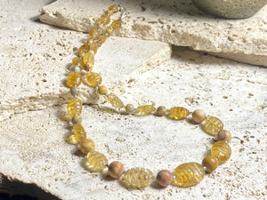 Stunning natural bead necklaces made up of graduated, etched golden citrine, peridot & jasper beads, highlighted with handmade sterling silver beads and clasp.