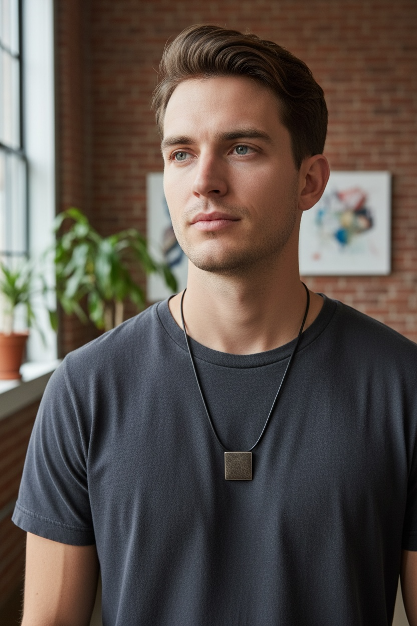 Square coconut wood and sterling silver pendant, with a solid silver back and a large and generously sized bail. This is a unisex, organic style of pendant that can be worn like a choker or on a longer chain and will look great on men or women. Measurements: 2.8 x 2.8 cm