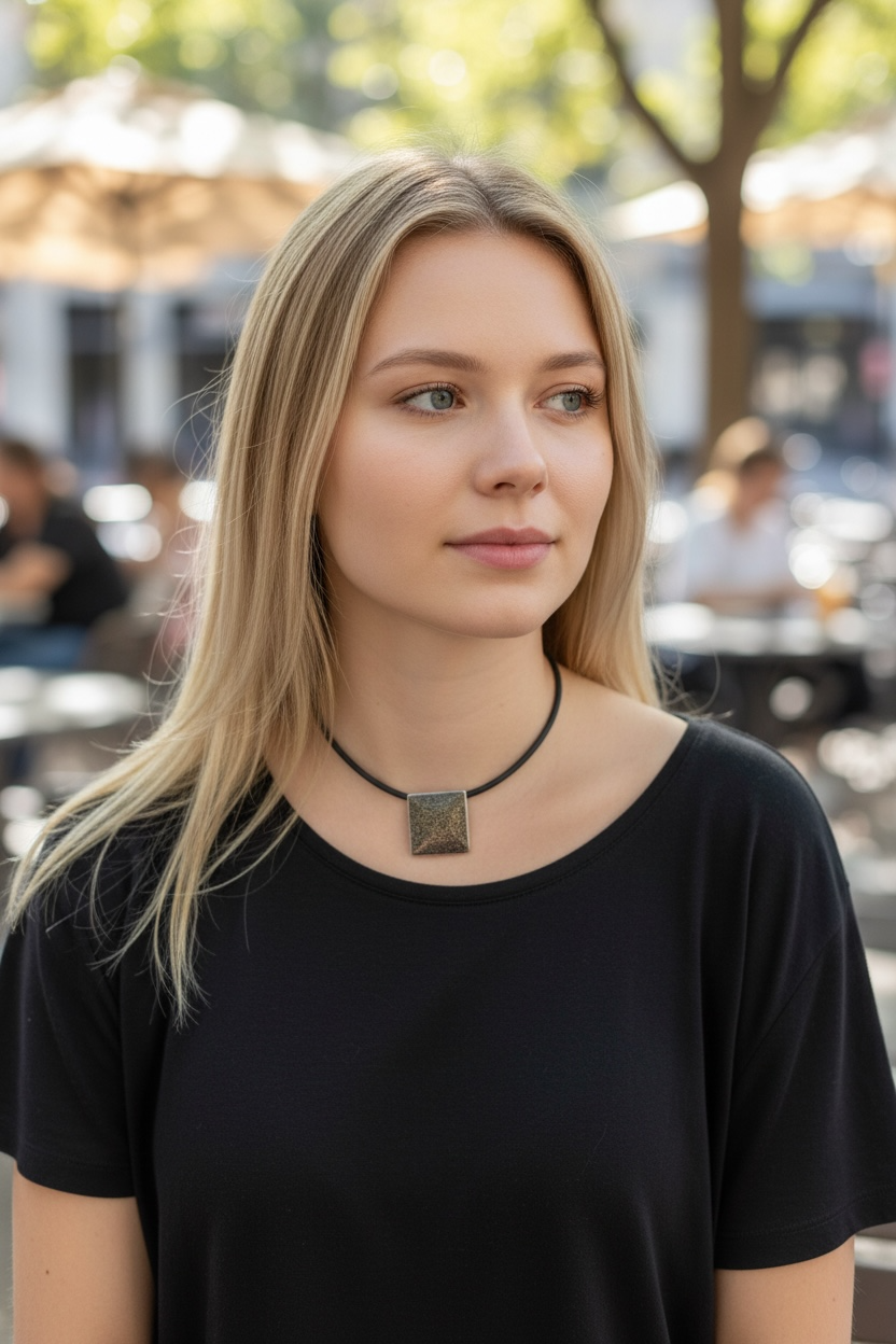Square coconut wood and sterling silver pendant, with a solid silver back and a large and generously sized bail. This is a unisex, organic style of pendant that can be worn like a choker or on a longer chain and will look great on men or women. Measurements: 2.8 x 2.8 cm