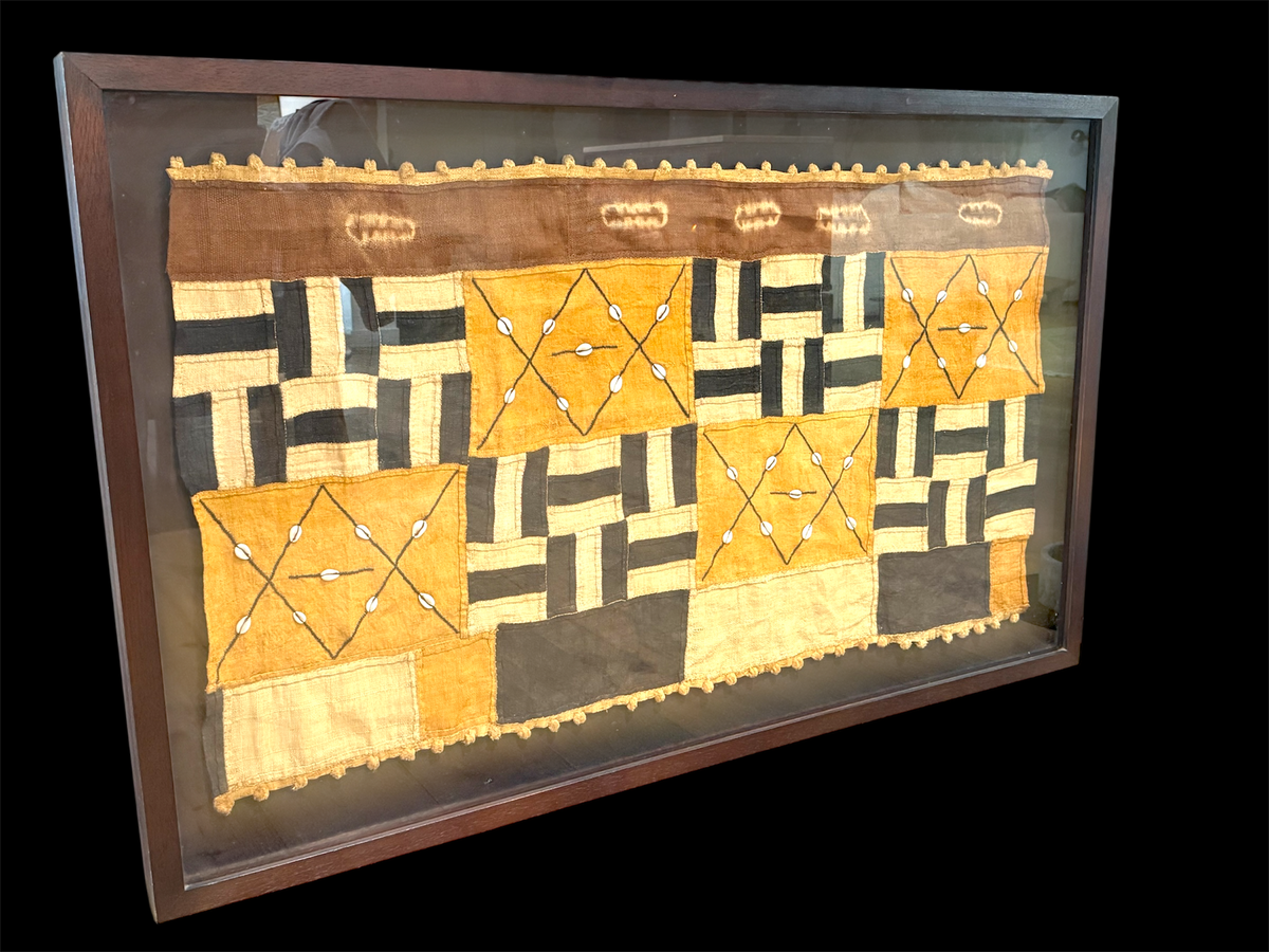 Vintage Kuba textile. Democratic Republic of the Congo. Mid 20th C. Professionally mounted in wood box frame. Textile: 122 x 66 cm, Box: 140 x 87 x 6 cm