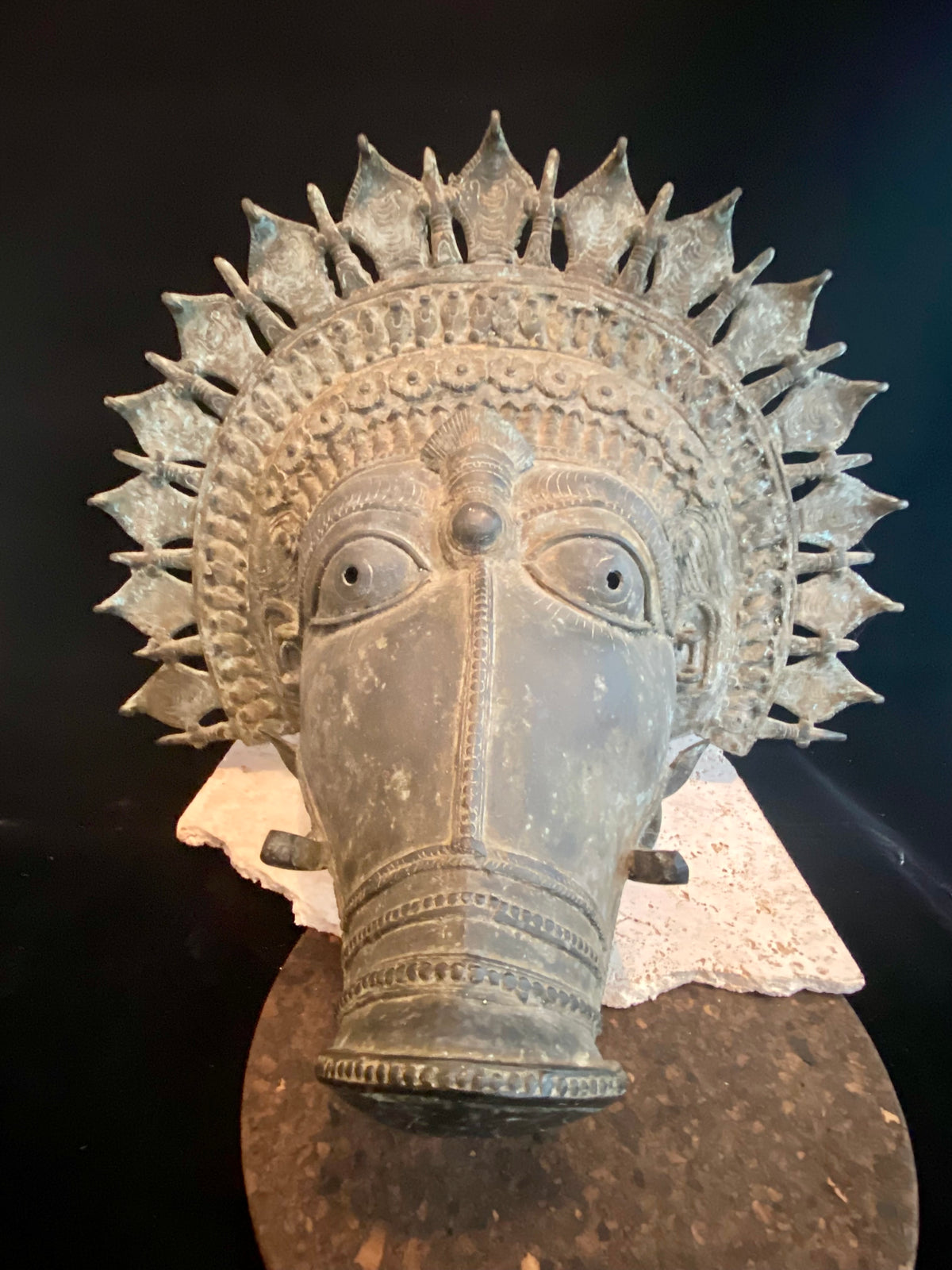 Ceremonial dancer's headpiece worn as a mask in the form of Vishnu's incarnation as Varaha. For ritual use in annual Dharmanema dance festivals. Early 20th century. Bronze lost wax casting. From Kerala, southern India. Measurements: Width 51 cm, height 43 cm, depth 32 cm.