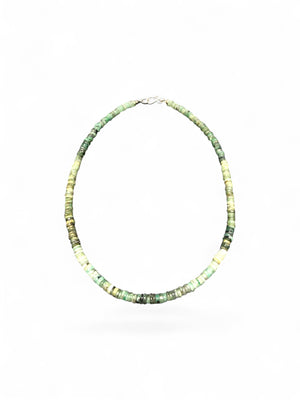 Heshi cut natural emerald necklace features sterling silver findings and a hook clasp. Length 43.5 cm.