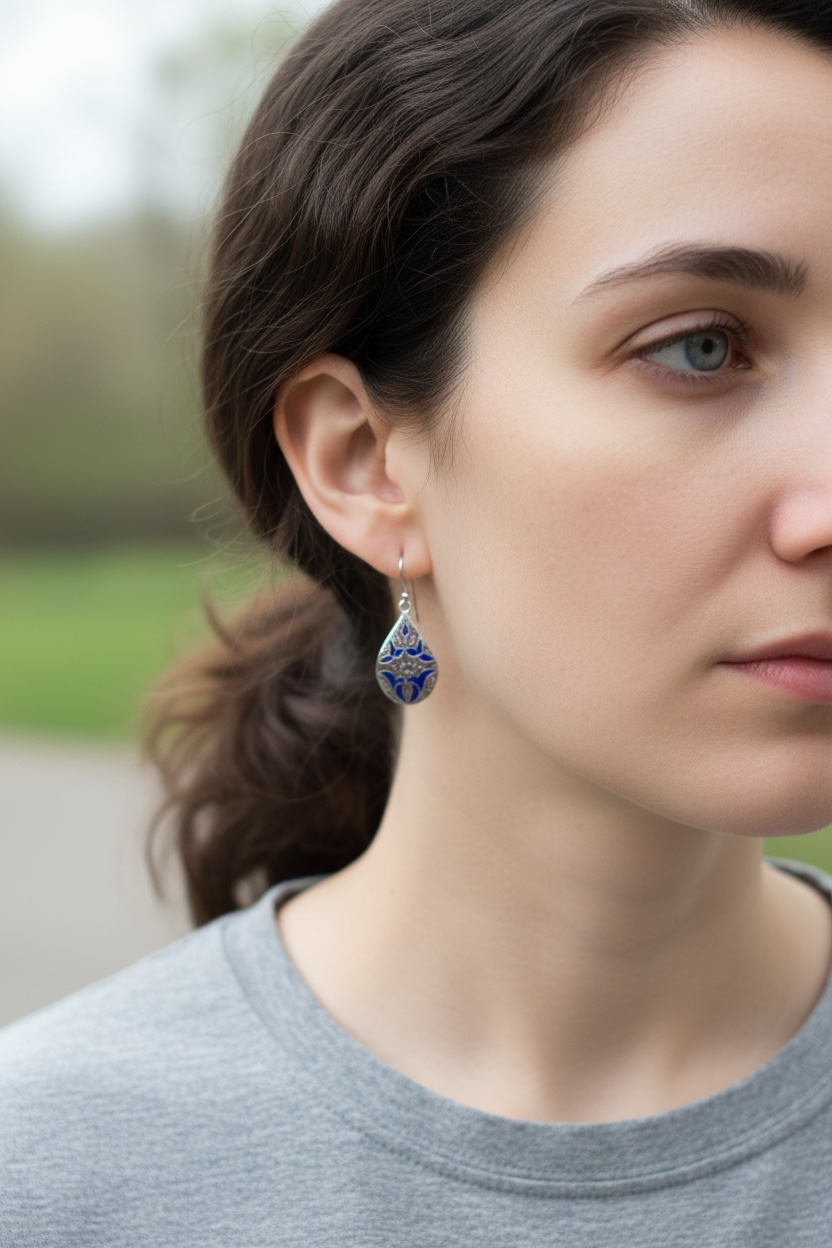 Enamel & sterling silver dangle earrings. Lightweight to wear and very elegant. Length 3.7 cm including hook