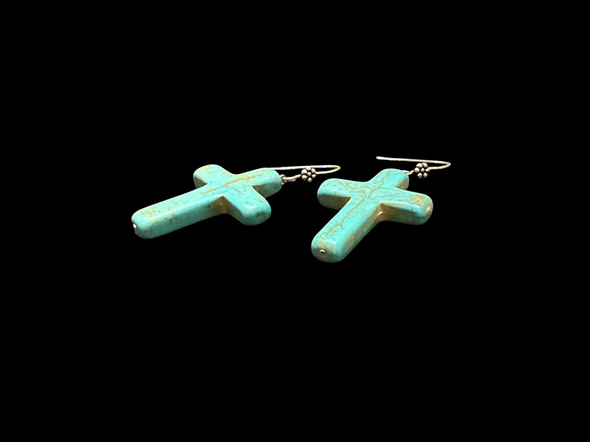 Our large crucifix, southwest style earrings are made from dyed howlite stone and handmade sterling silver rosette hooks.  Height including hook 6 cm