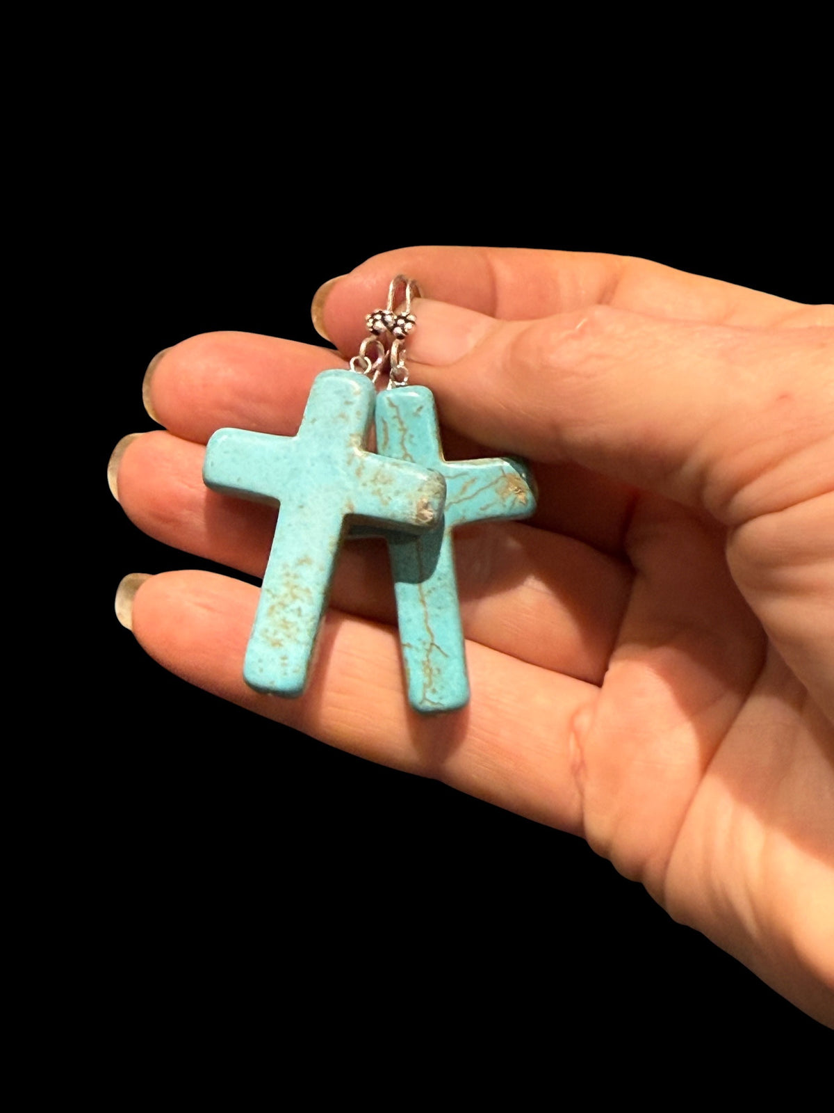 Our large crucifix, southwest style earrings are made from dyed howlite stone and handmade sterling silver rosette hooks.  Height including hook 6 cm