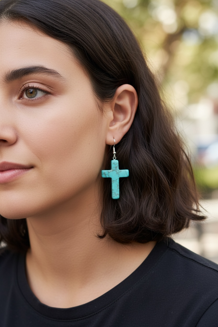 Our large crucifix, southwest style earrings are made from dyed howlite stone and handmade sterling silver rosette hooks.  Height including hook 6 cm