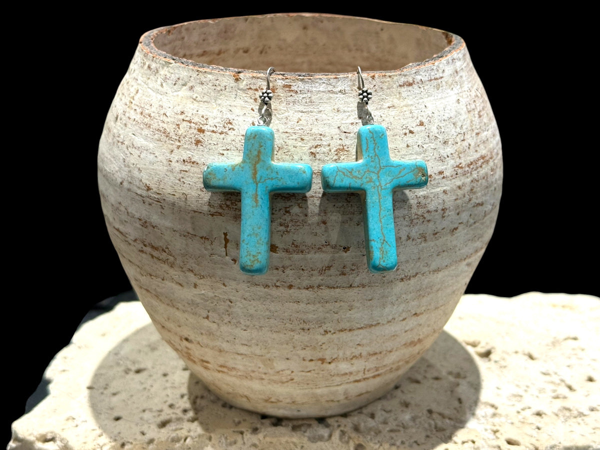 Our large crucifix, southwest style earrings are made from dyed howlite stone and handmade sterling silver rosette hooks.  Height including hook 6 cm