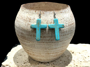 Our large crucifix, southwest style earrings are made from dyed howlite stone and handmade sterling silver rosette hooks.  Height including hook 6 cm