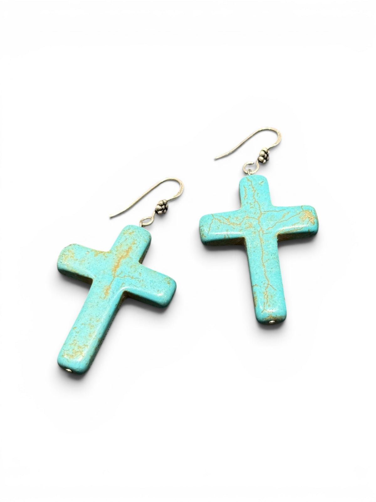 Our large crucifix, southwest style earrings are made from dyed howlite stone and handmade sterling silver rosette hooks.  Height including hook 6 cm