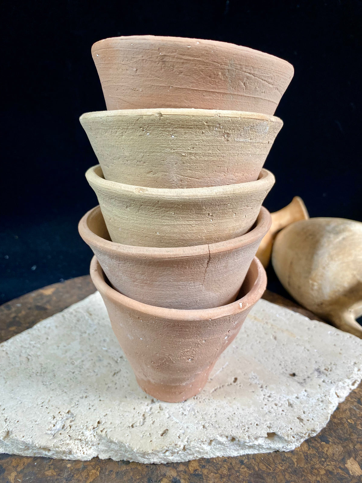 Traditional Indian chai cups made from unglazed terracotta, called a Kullad. As well as tea cups, they make beautiful offering bowls, are perfect for holding incense sticks or tea lights. They can also be used as small decorative pots for plants. Set of ten, priced at $3 per cup. Height 6.5 cm height