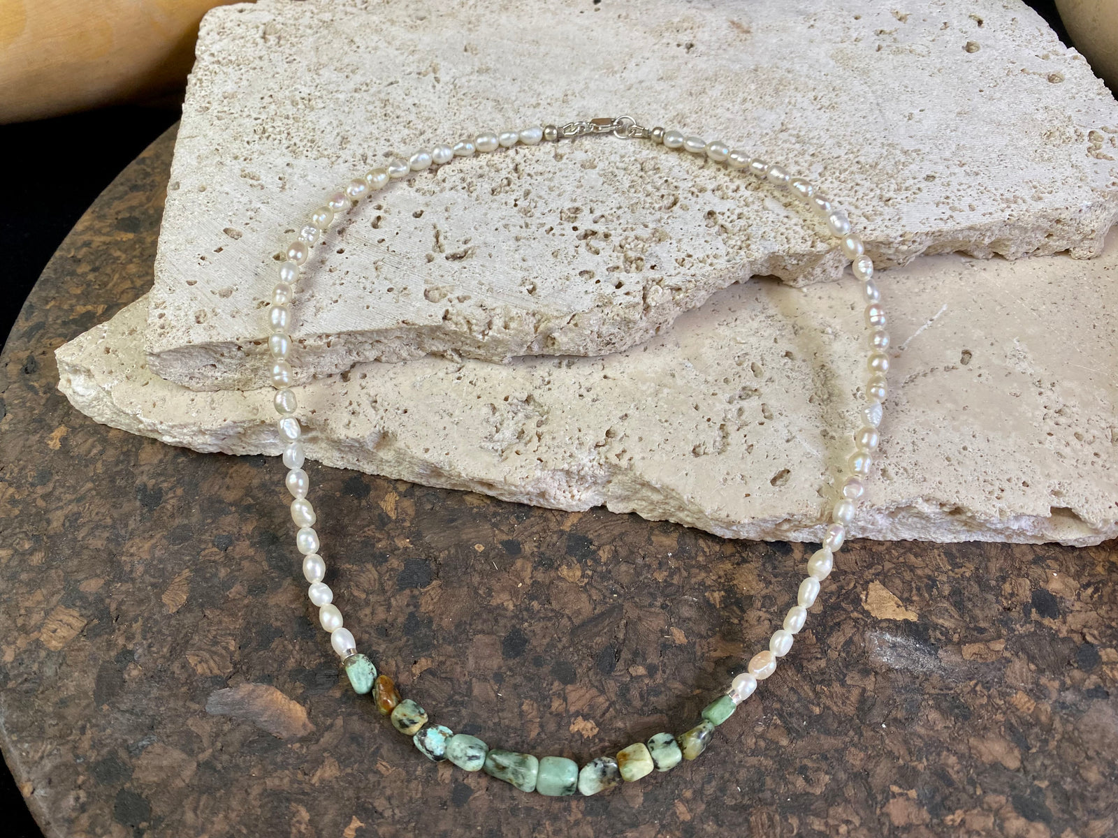 Elegant pearl and African jasper choker necklace, finished with sterling silver detailing and clasp. Length 40 cm