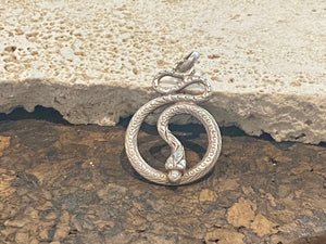 Hand cast snake pendants. Two styles. Sterling silver. Set with a wide bail capable of taking a sizeable chain or cord. Our unisex snake pendants are from Nepal.&nbsp;
