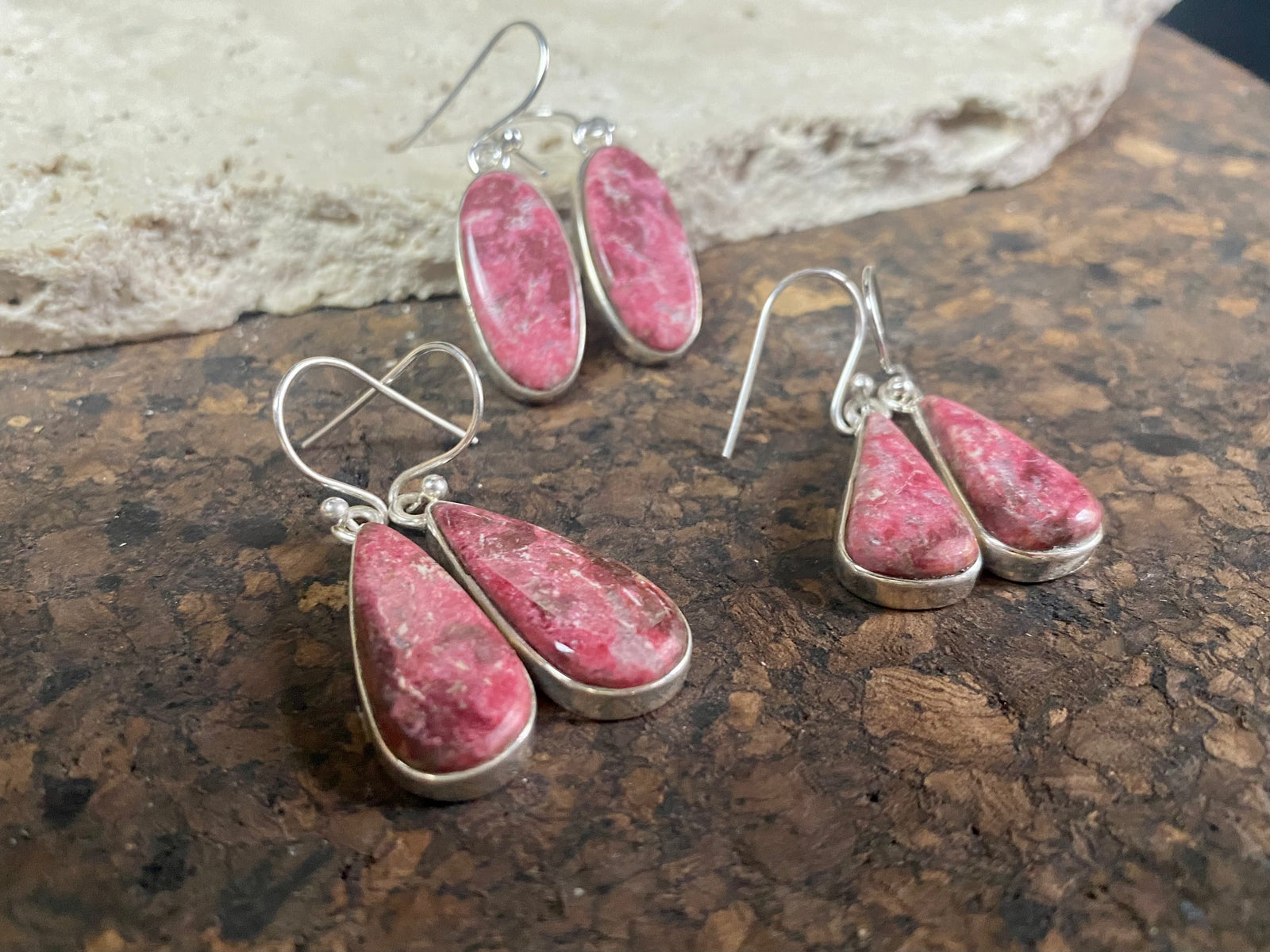 Thulite stone earrings. Our earringspairs feature perfectly matched stones set in sterling silver bezels. Finished with sterling silver hooks.