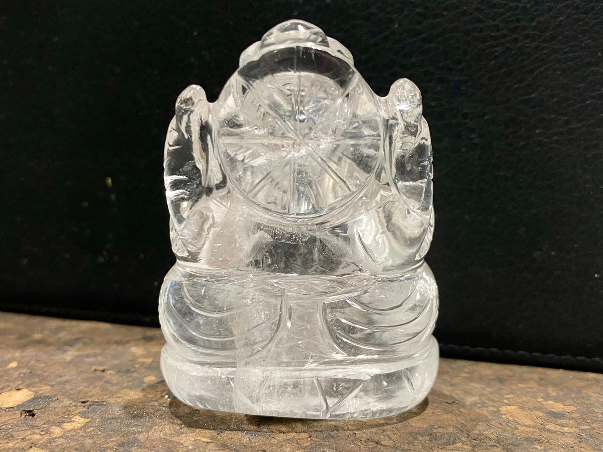 Hand carved quartz rock crystal Ganesh statue. Height 6 cm, width at base 5 cm