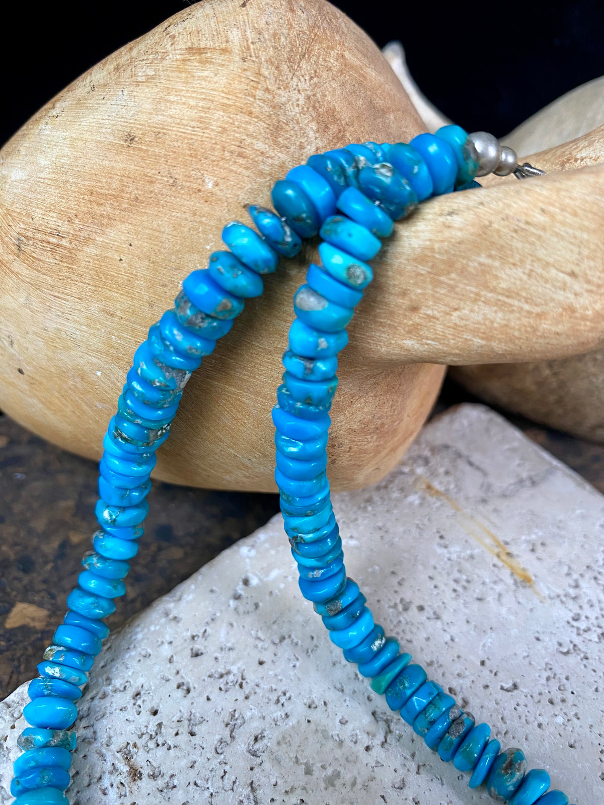 Heshi cut deep blue Arizona turquoise finished with sterling silver. length 44 cm