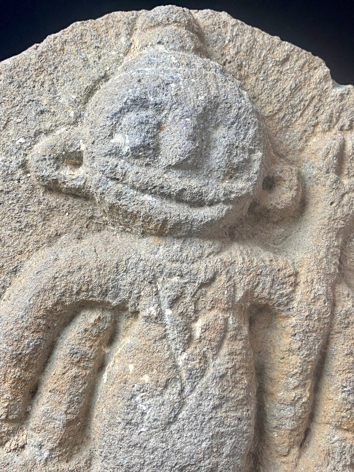 Antique Indian village carving, most likely tribal Bhastar or Kondi. This stele relief carving depicts a very rudimentary image of Shiva, identified by his trident. A village artefact collected from Orissa province, this type of statue would guard the road into and out of the village, enclosed in a small shrine. Height 29.5 cm x width 23 cm x depth 7 cm