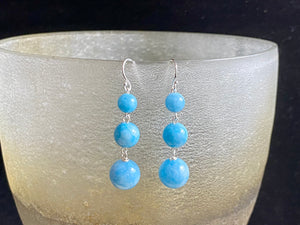 Simple three drop blue chalcedony earrings finished in sterling silver with sterling silver hooks. Elegant and simple earrings and one of most popular designs. Measurements: 4.7 cm (1.75") length including hook