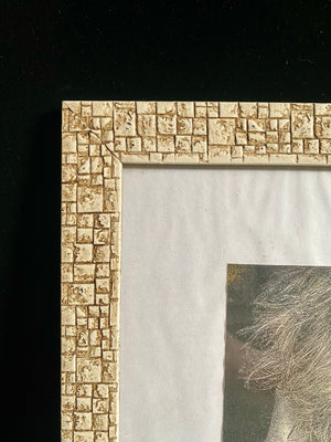 This square picture frame is patterned with a white lime wash finish and glass inset window. Note that the picture inside is for display purposes only. This frame does not come with mat board. Measurements: outside frame 34.5 cm x 34.5 cm, inside window 28.5 x 28.8 cm