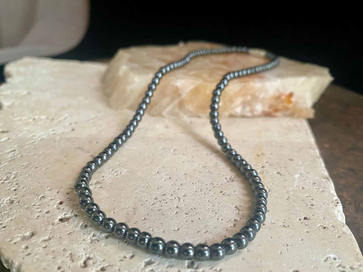 Natural haematite bead necklace. White metal screw clasp. Length 39 cm