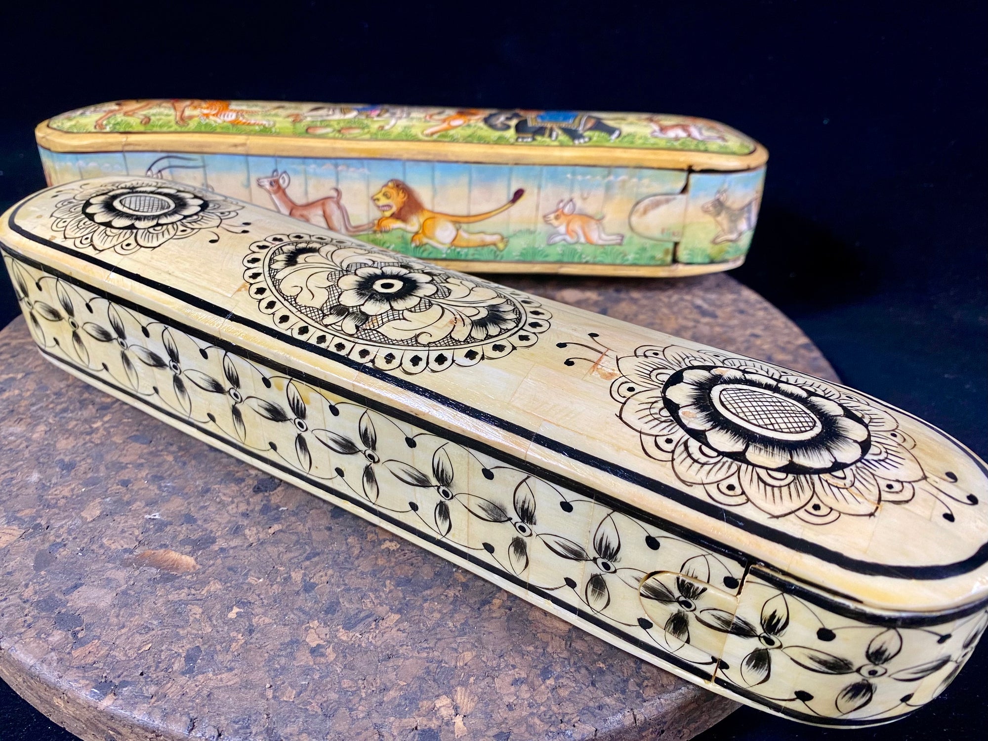 traditional Indian pen boxes. Crafted from panels of camel bone over wood, fitted together then painted with detailed scenes. Length 28 cm
