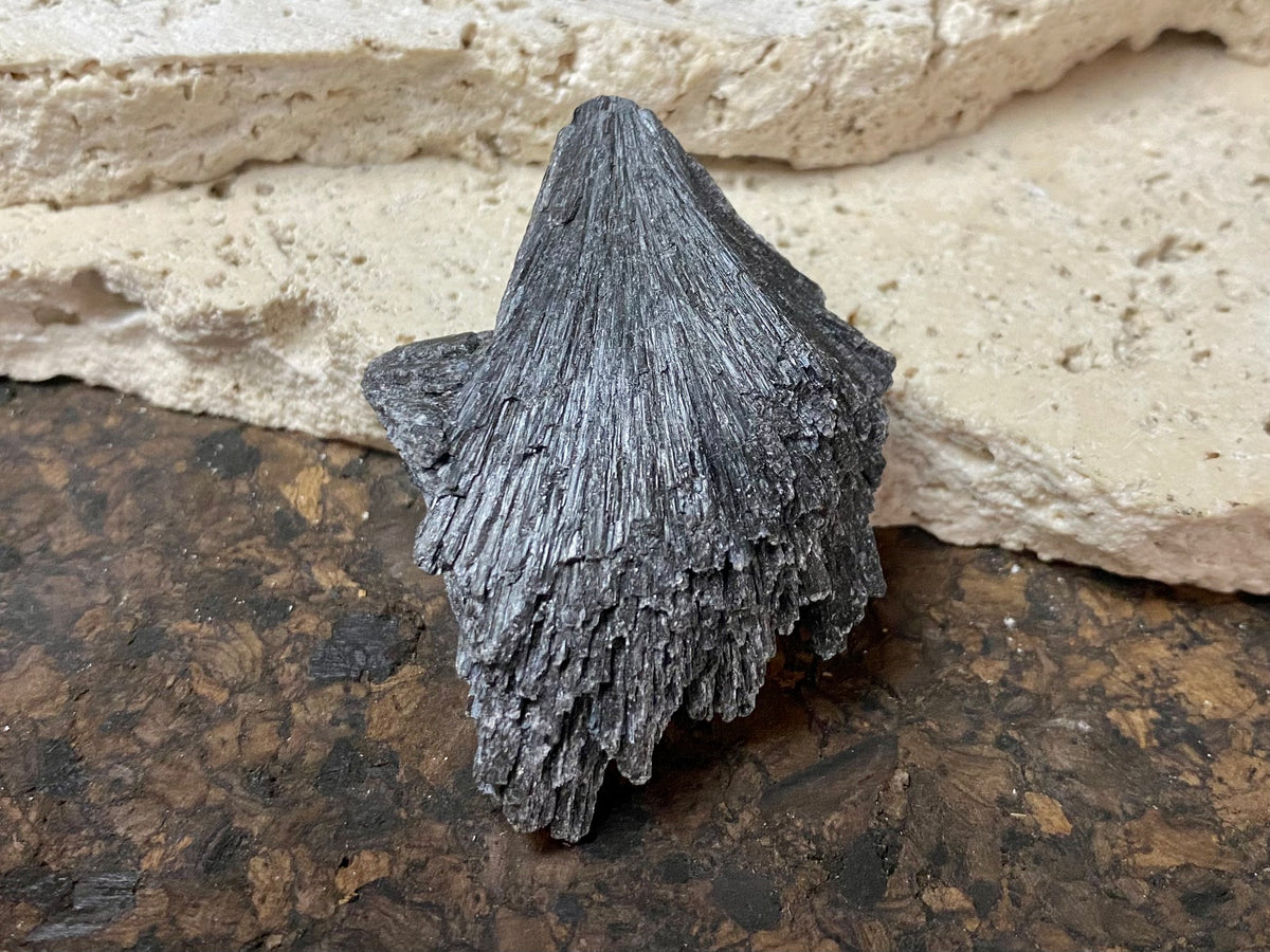 ue fan-shaped black kyanite crystal..  Measurements: 5.5 cm length, width 4 cm