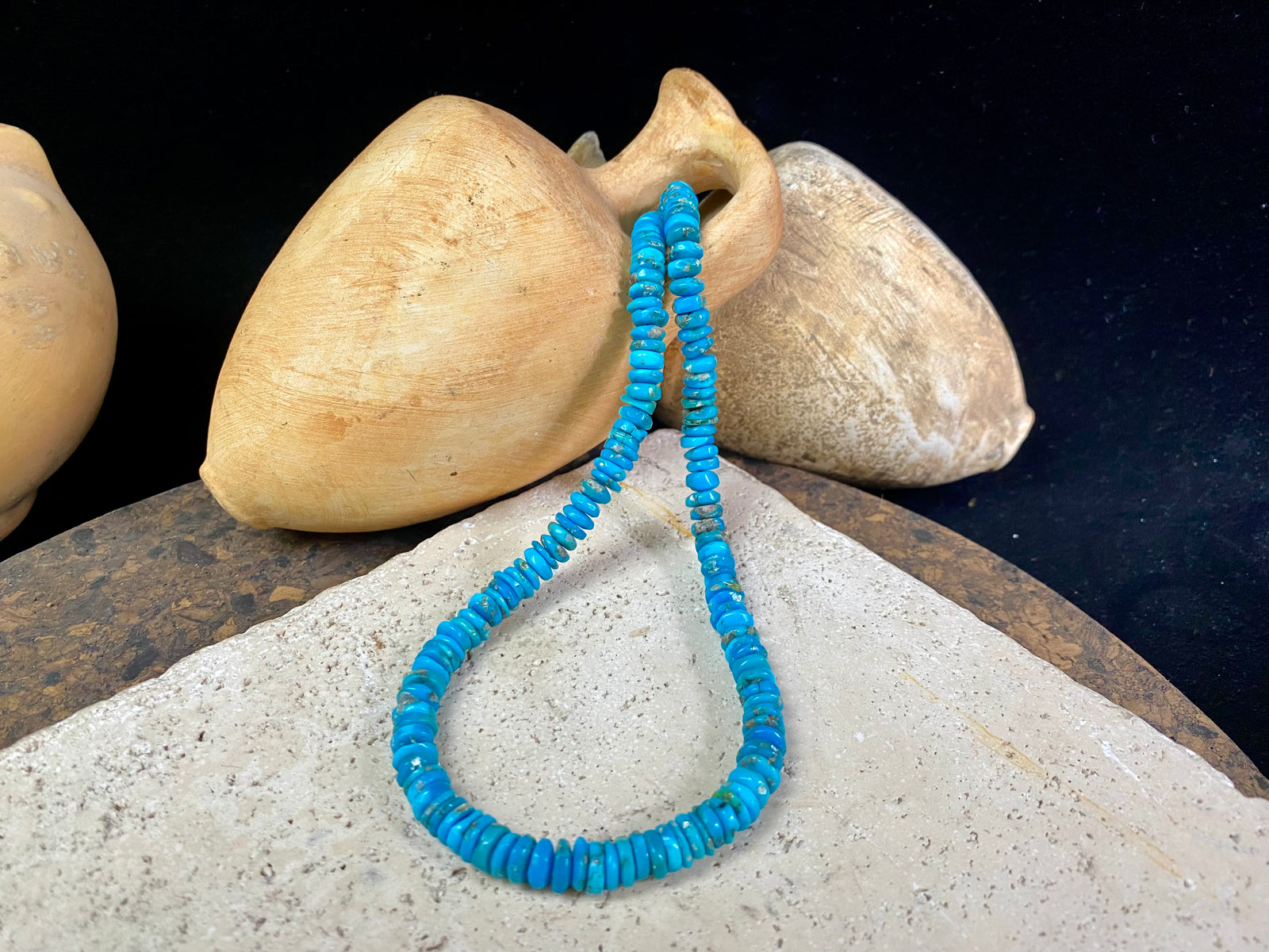 Heshi cut deep blue Arizona turquoise finished with sterling silver. length 44 cm