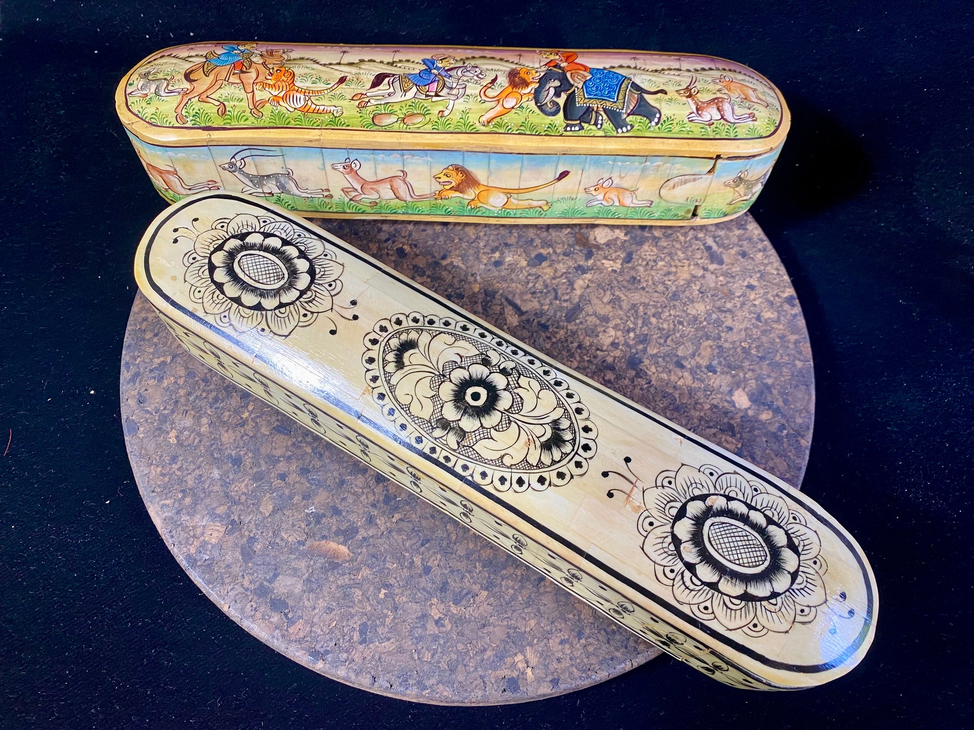 traditional Indian pen boxes. Crafted from panels of camel bone over wood, fitted together then painted with detailed black scroll work. Length 28 cm
