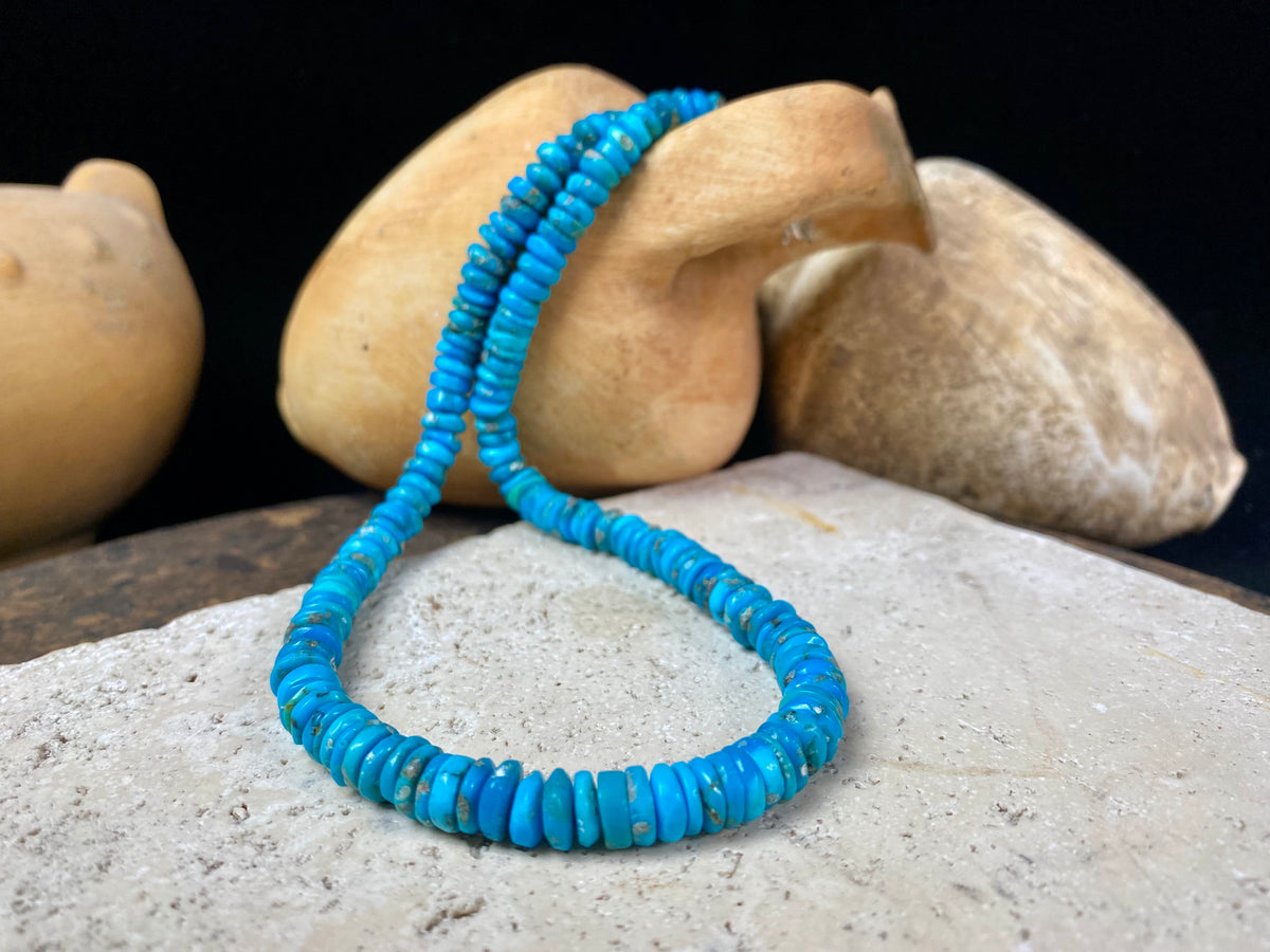 Heshi cut deep blue Arizona turquoise finished with sterling silver. length 44 cm