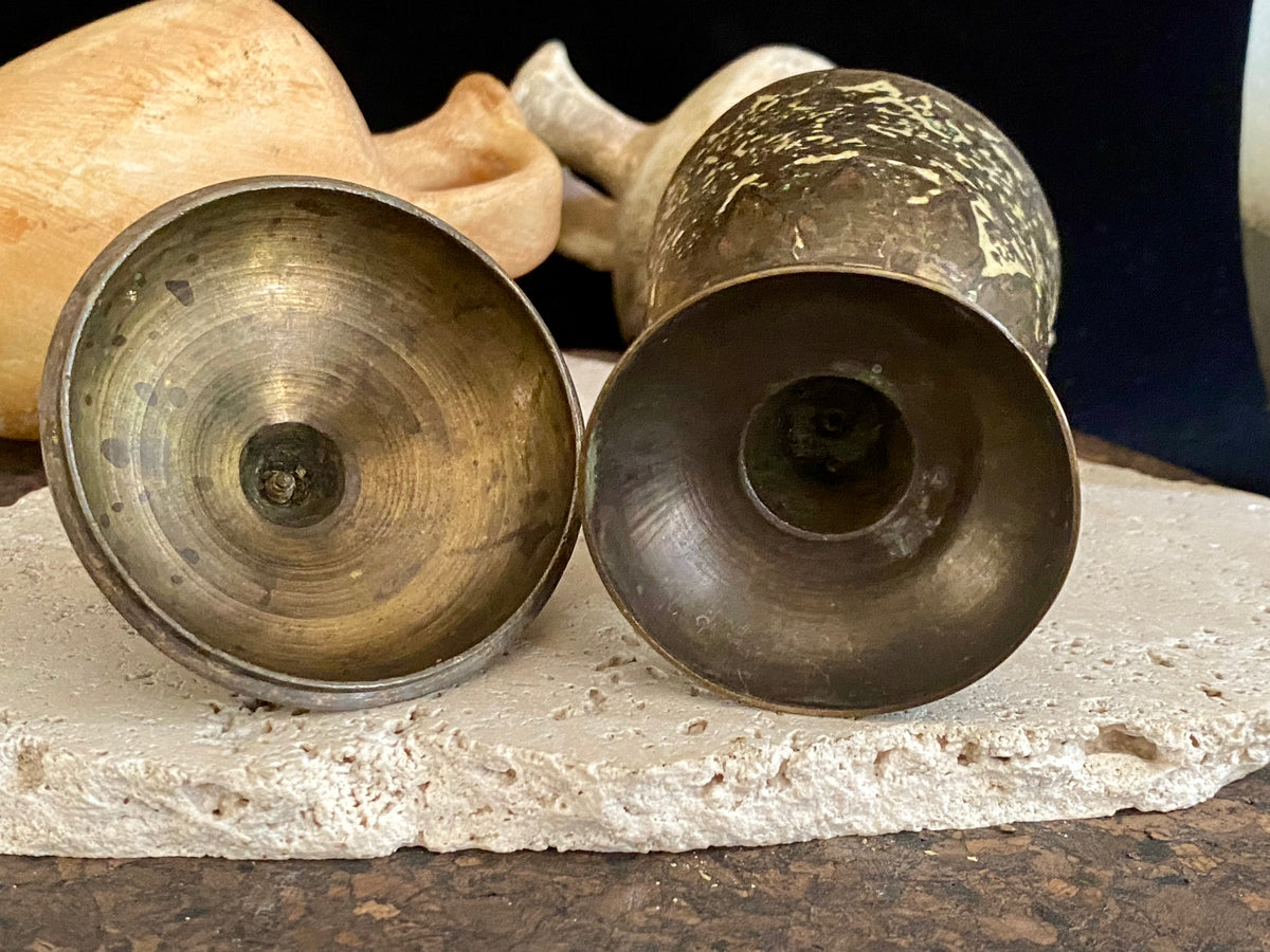 Russian Orthodox church communion chalice. Early 20th century. Engine turned brass with elaborate inlay enamel decoration in white with blue and red highlights. The enamel work is very worn and rubbed in places. Height 15 cm, width 6.5 cm.