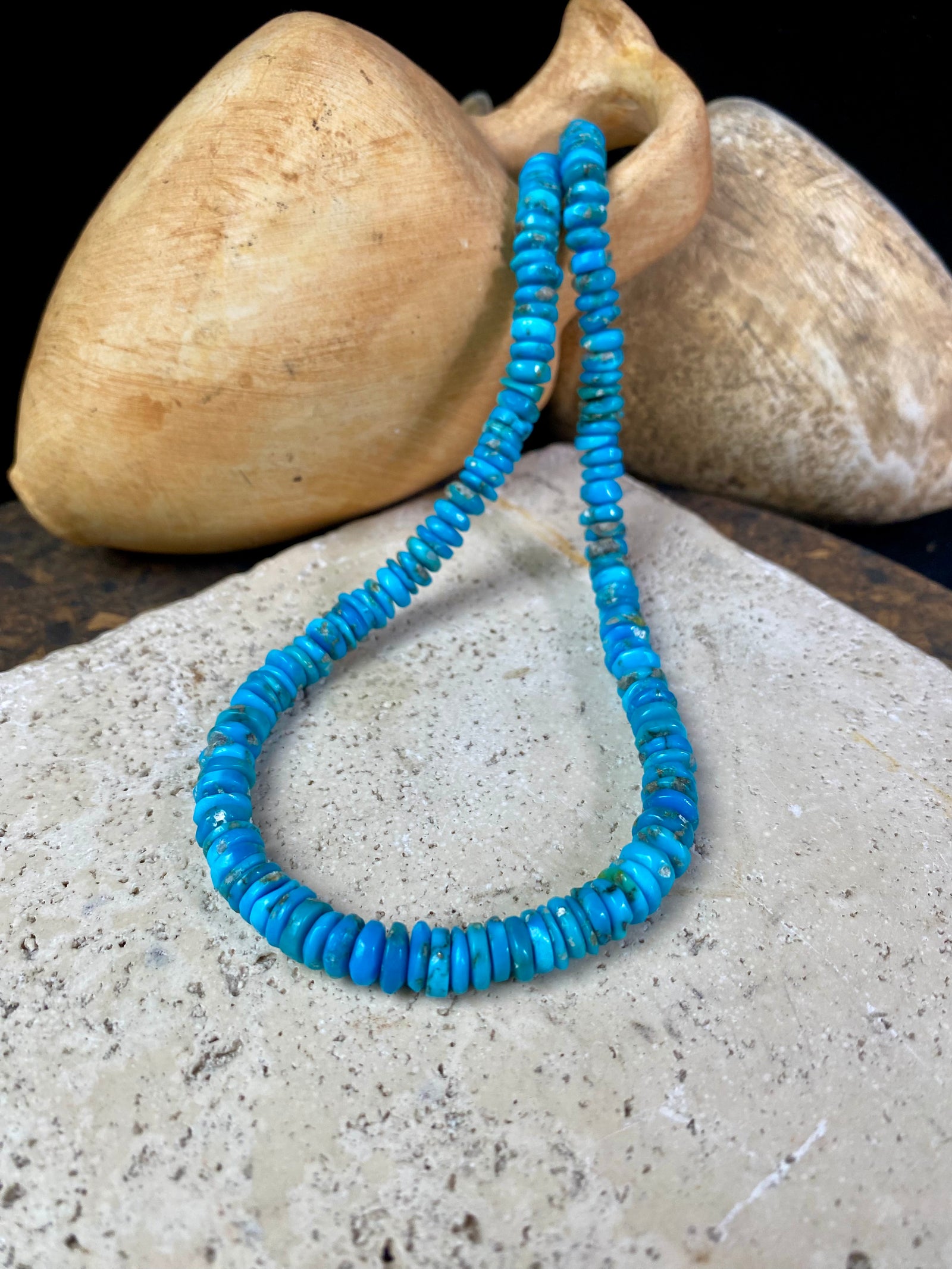 Heshi cut deep blue Arizona turquoise finished with sterling silver. length 44 cm