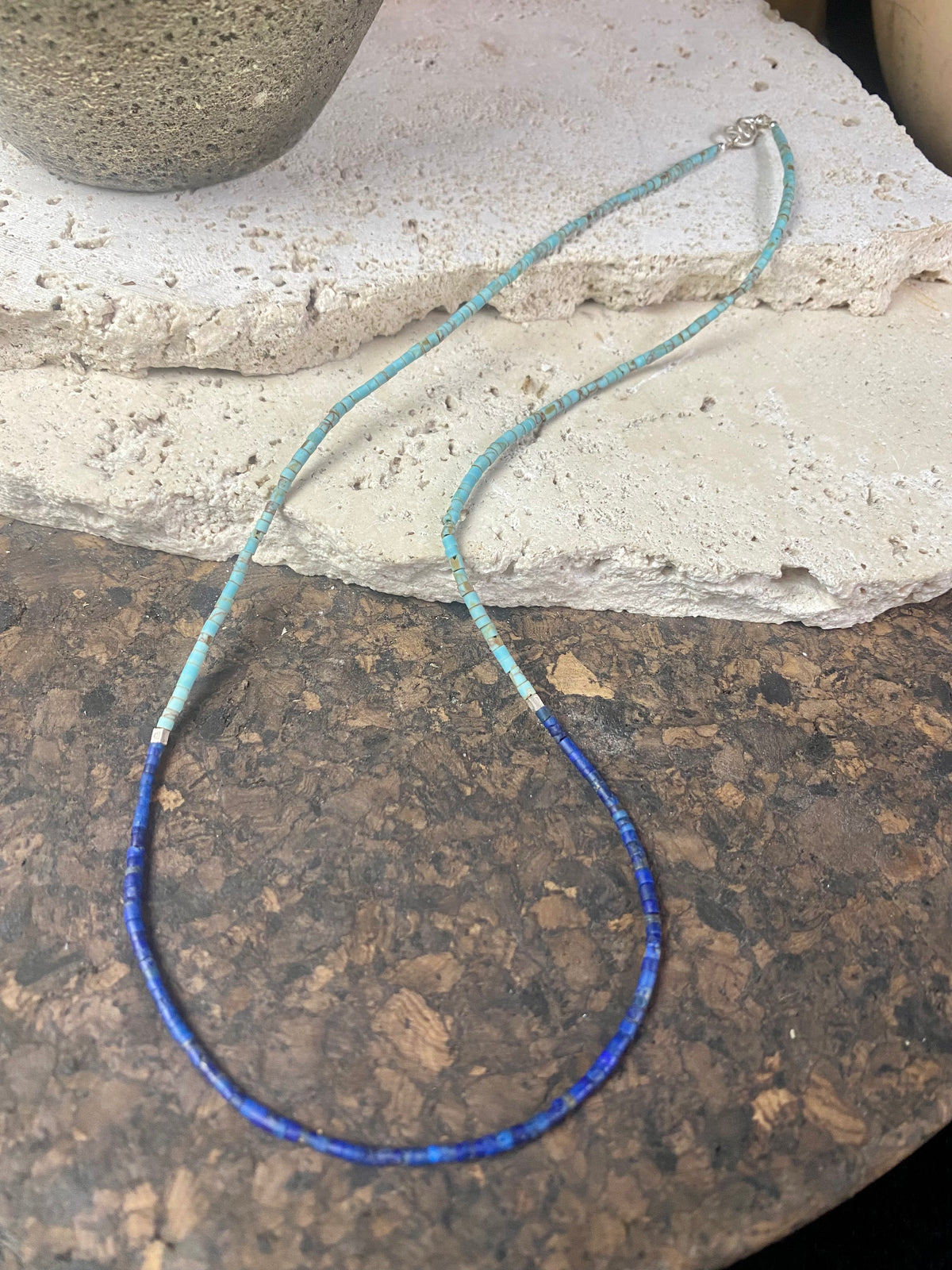Fine necklace of lapis lazuli and turquoise hand cut beads, highlighted with sterling silver