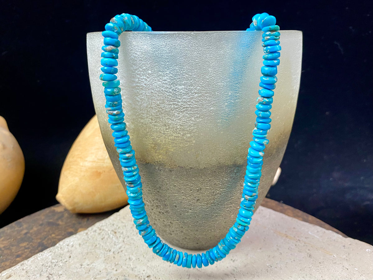 Heshi cut deep blue Arizona turquoise finished with sterling silver. length 44 cm