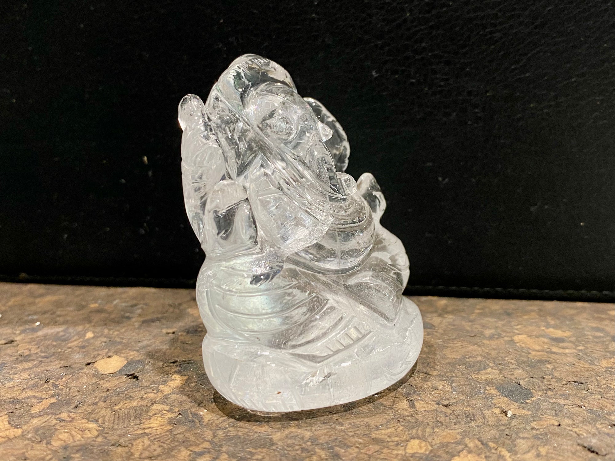 Hand carved quartz rock crystal Ganesh statue. Height 6 cm, width at base 5 cm