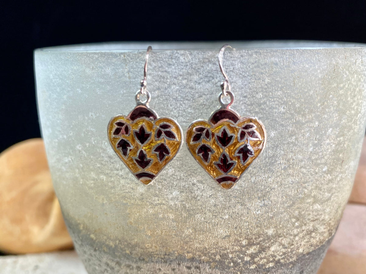 Beautiful hand crafted enamel and sterling silver dangle leaf shape earrings. Height including hook 3.5 cm