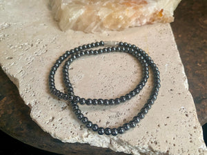 Natural haematite bead necklace. White metal screw clasp. Length 39 cm