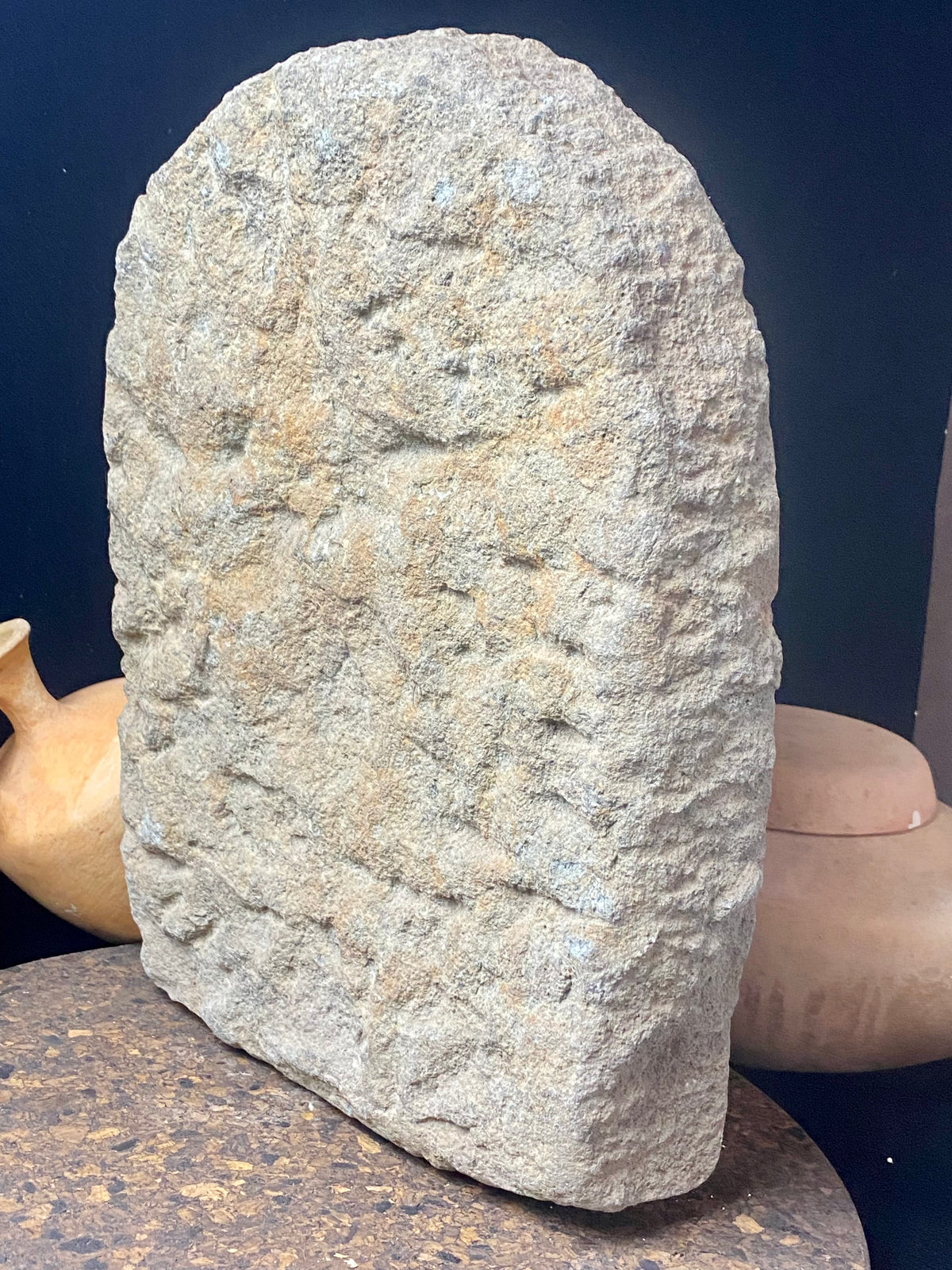 Antique Indian village carving, most likely tribal Bhastar or Kondi. This stele relief carving depicts a very rudimentary image of Shiva, identified by his trident. A village artefact collected from Orissa province, this type of statue would guard the road into and out of the village, enclosed in a small shrine. Height 29.5 cm x width 23 cm x depth 7 cm