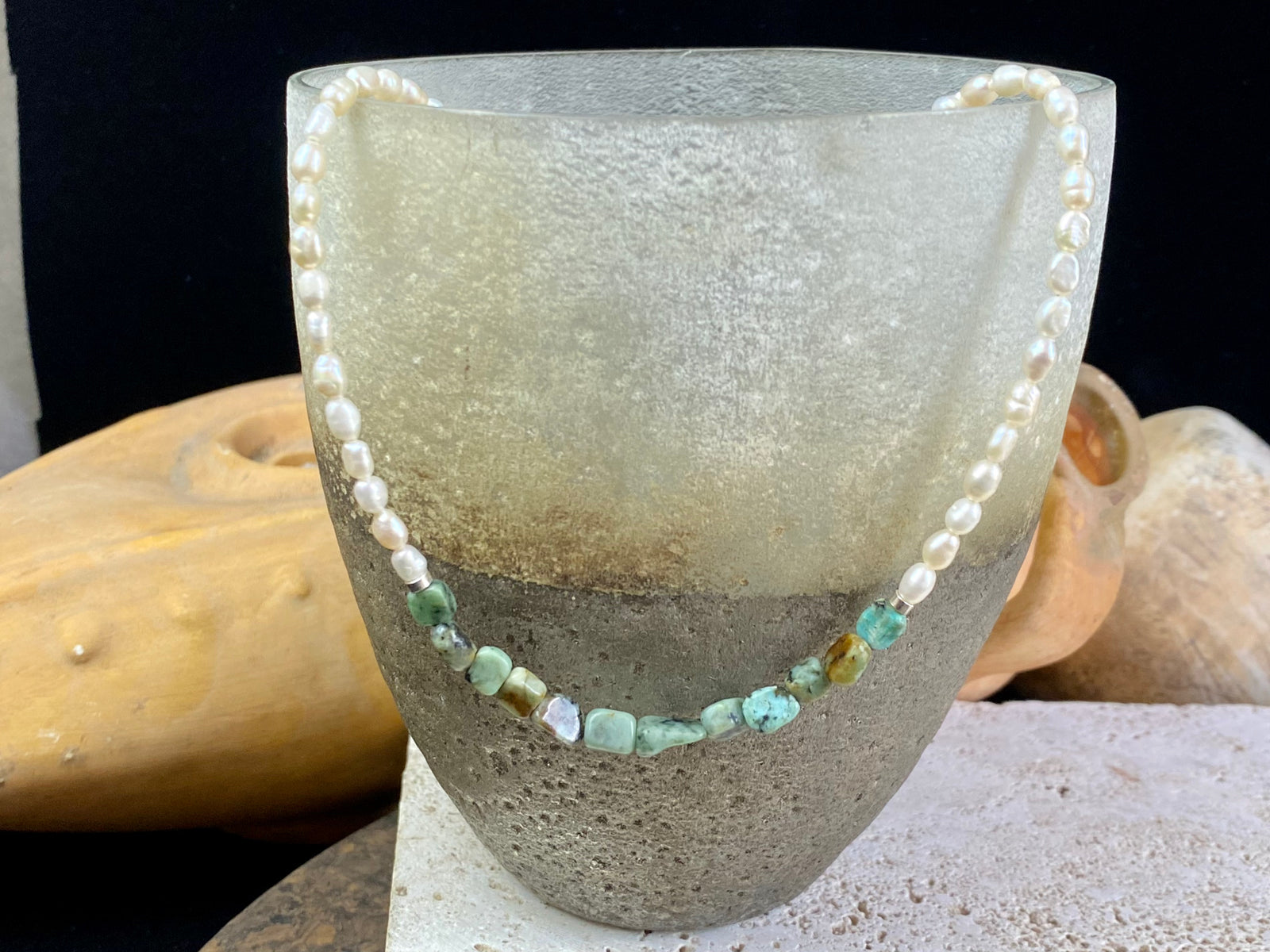 Elegant pearl and African jasper choker necklace, finished with sterling silver detailing and clasp. Length 40 cm