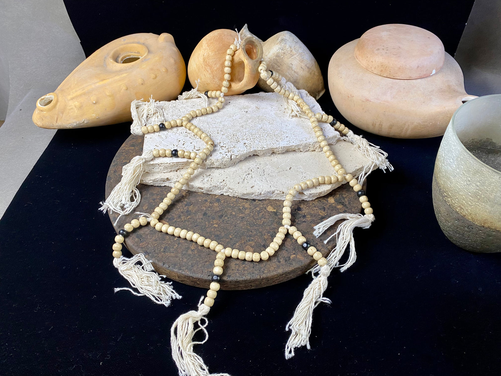 Women or men’s mala necklace. Made from lightweight wood, 108 beads and tasseled spacers. This is a light summer necklace that can be worn or simply hung as decoration. Total length 72 cm. Fits easily over the head. Wood beads 6 mm diameter