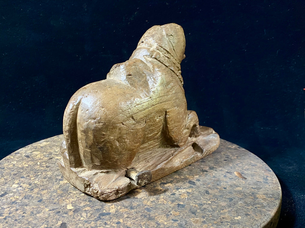 A very old, antique carving of Nandi, Lord Shiva's mount, decked with flower garlands. A small shiva lingham sits in front of him. This piece has seen some wear. But it is still very much Nandi, beloved companion of Shiva. Teak hardwood. Late 19th century. Measurements: length 18 cm, width 8 cm, height 14 cm