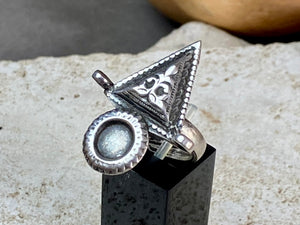Stunning silver tribal ring from Rajasthan, India. High grade silver. Adjustable back so it will fit a number of finger sizes. Measurements:  Ring face: 3.4 x 2.8 cm Size: Anywhere from size 6 to size 8, this ring is adjustable