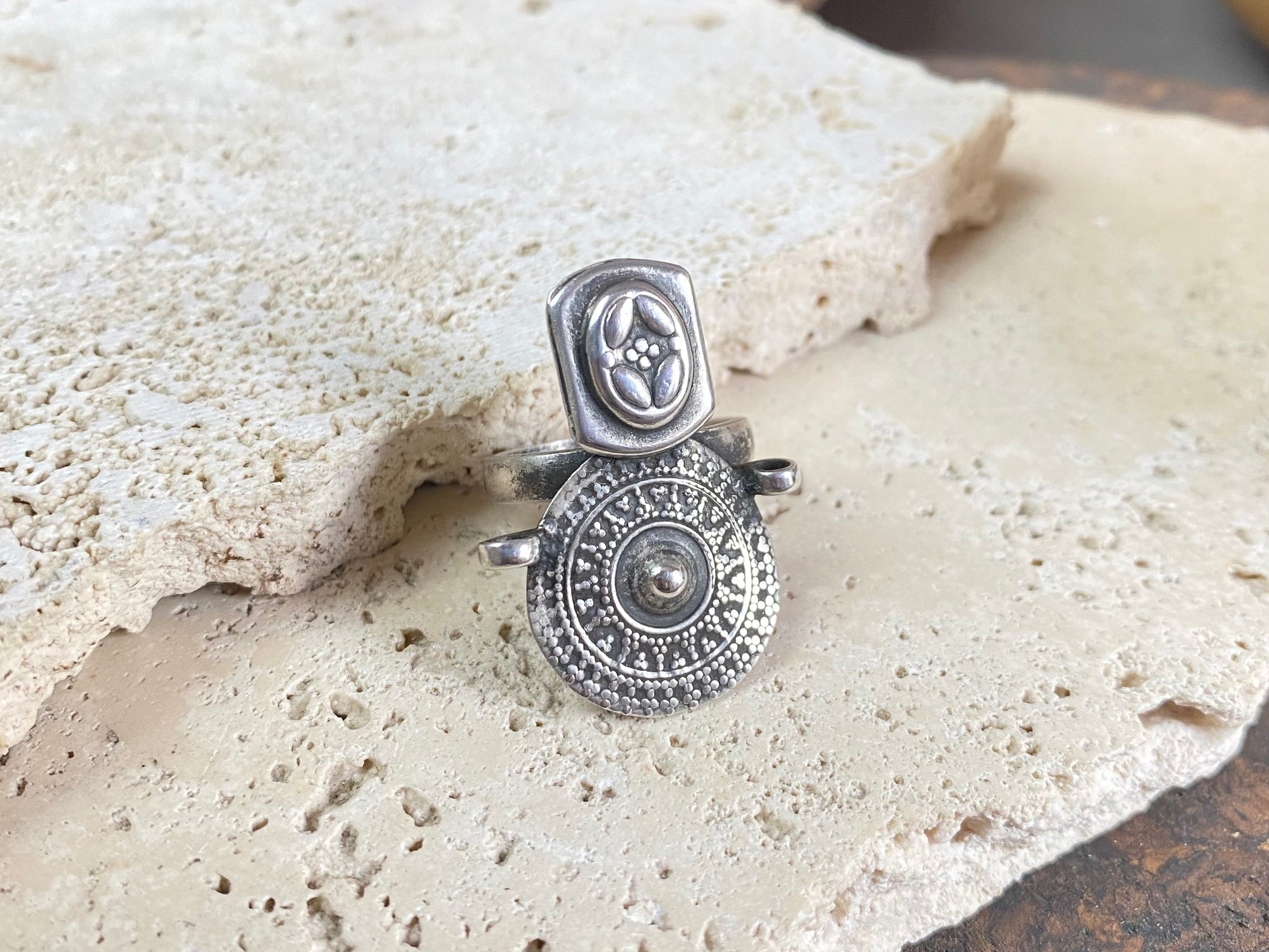 Statement tribal silver ring from regional Rajasthan, India. High grade or sterling silver. Adjustable back so it will fit a number of different finger sizes. Measurements: Ring face: 3.4 x 2.6 cm Size: Anywhere from size 6 to size 8, this ring is adjustable