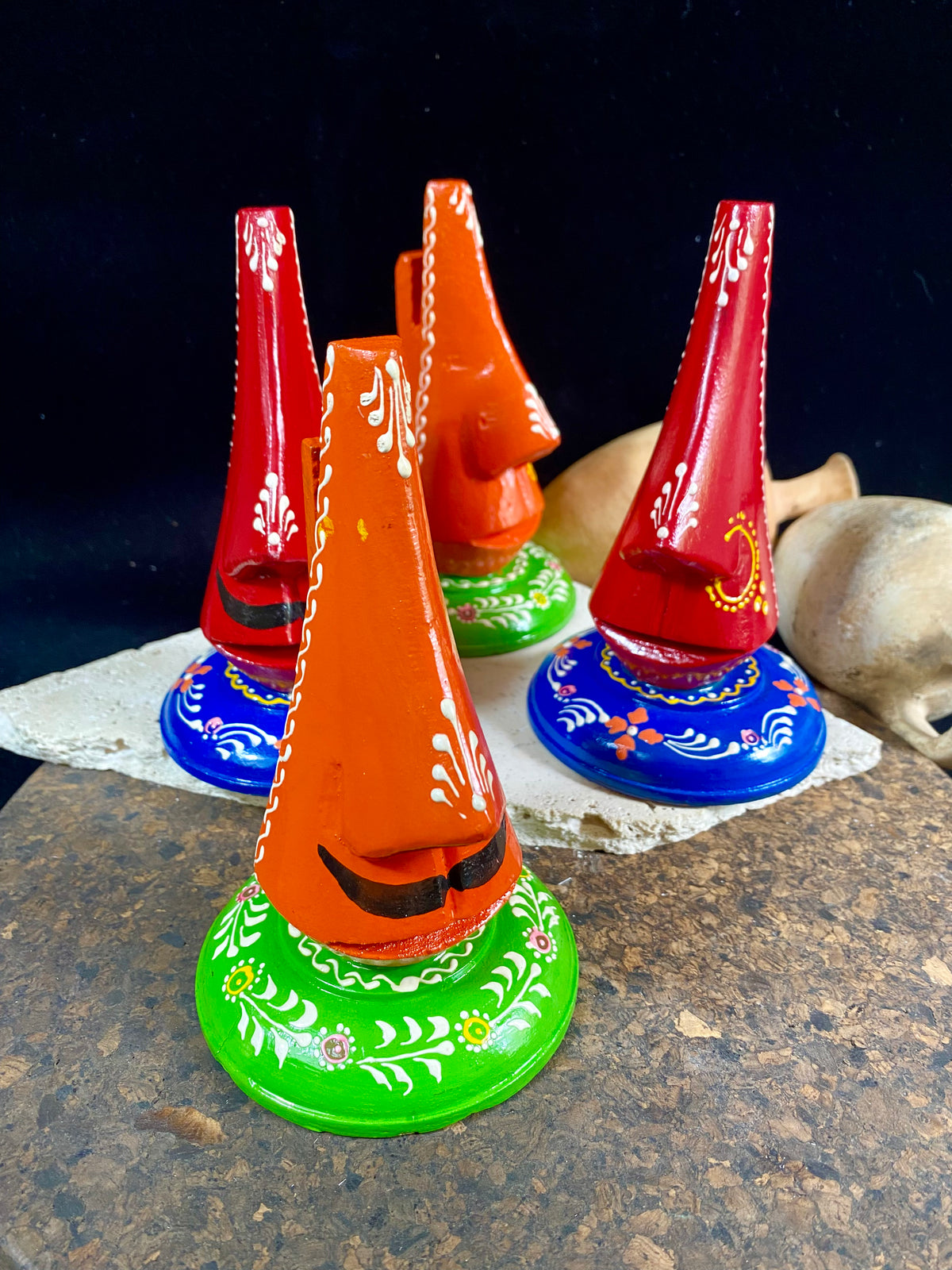 Always losing your glasses and sunglasses at home? We have the solution. Hand crafted from lightweight wood, these very cool little guys are traditionally called chasma stands and they will make sure you never misplace your sunglasses or glasses again. From India Measurements: height 15 cm