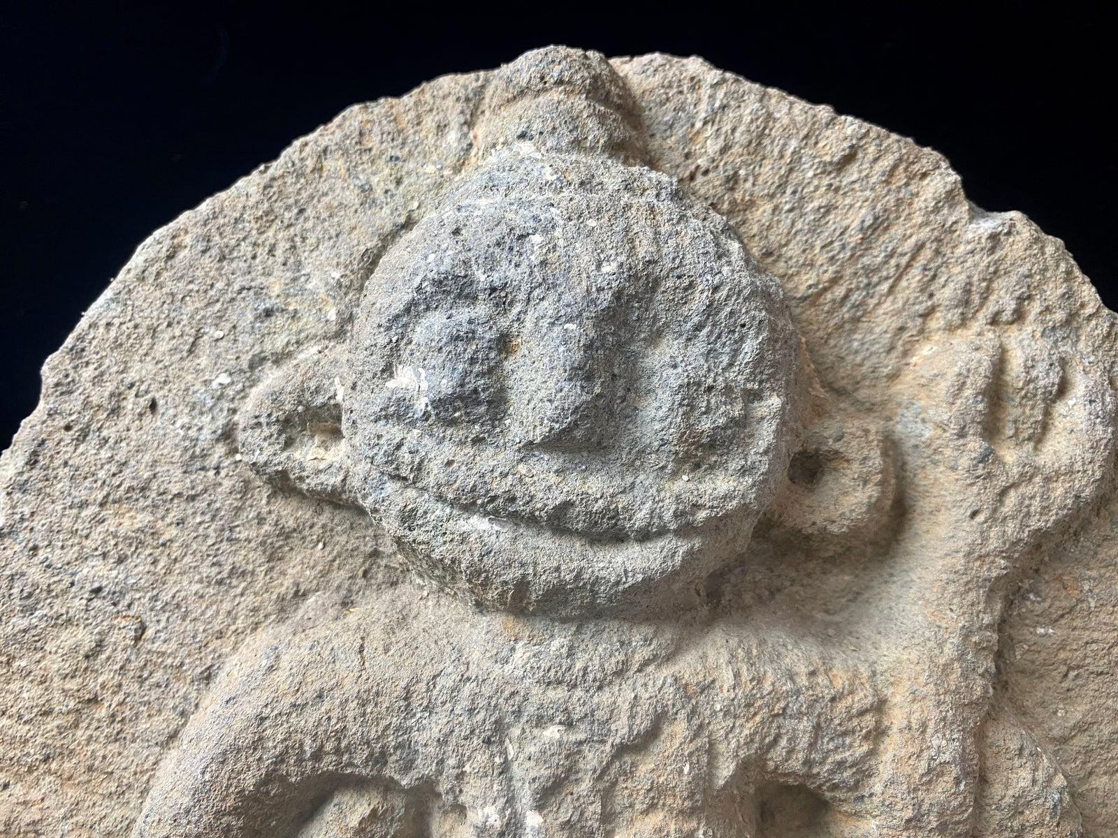 Antique Indian village carving, most likely tribal Bhastar or Kondi. This stele relief carving depicts a very rudimentary image of Shiva, identified by his trident. A village artefact collected from Orissa province, this type of statue would guard the road into and out of the village, enclosed in a small shrine. Height 29.5 cm x width 23 cm x depth 7 cm