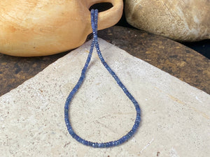 Beaded sapphire necklace made up of finely graduated, matched facet-cut African blue sapphires. The necklace is finished with a sterling silver lobster clasp. This is a unisex necklace - perfect for men or women. Length 45.5 cm (17.85")